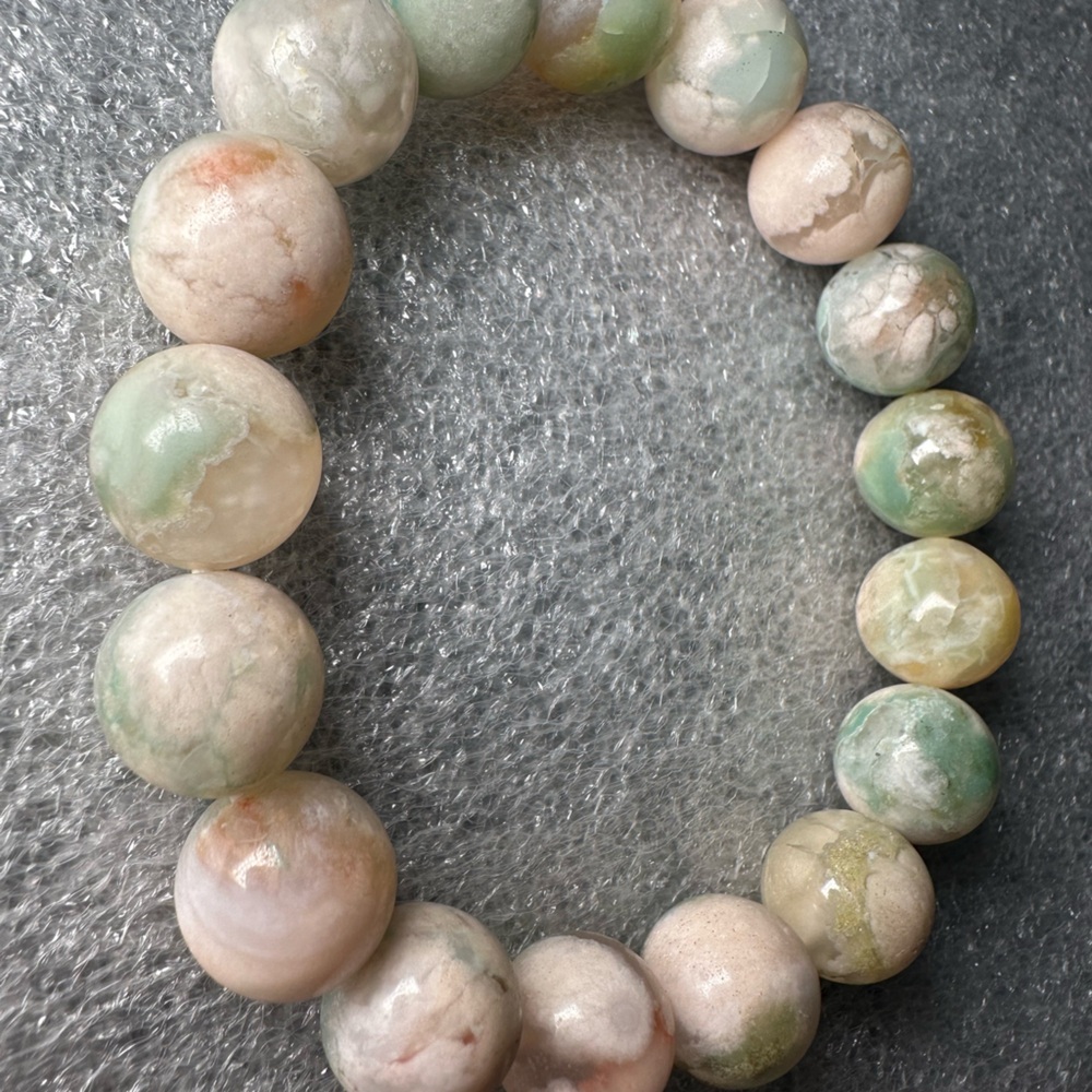 High Quality 12MM Green/Pink Sakura Flower Agate Natural Crystal Bracelet
